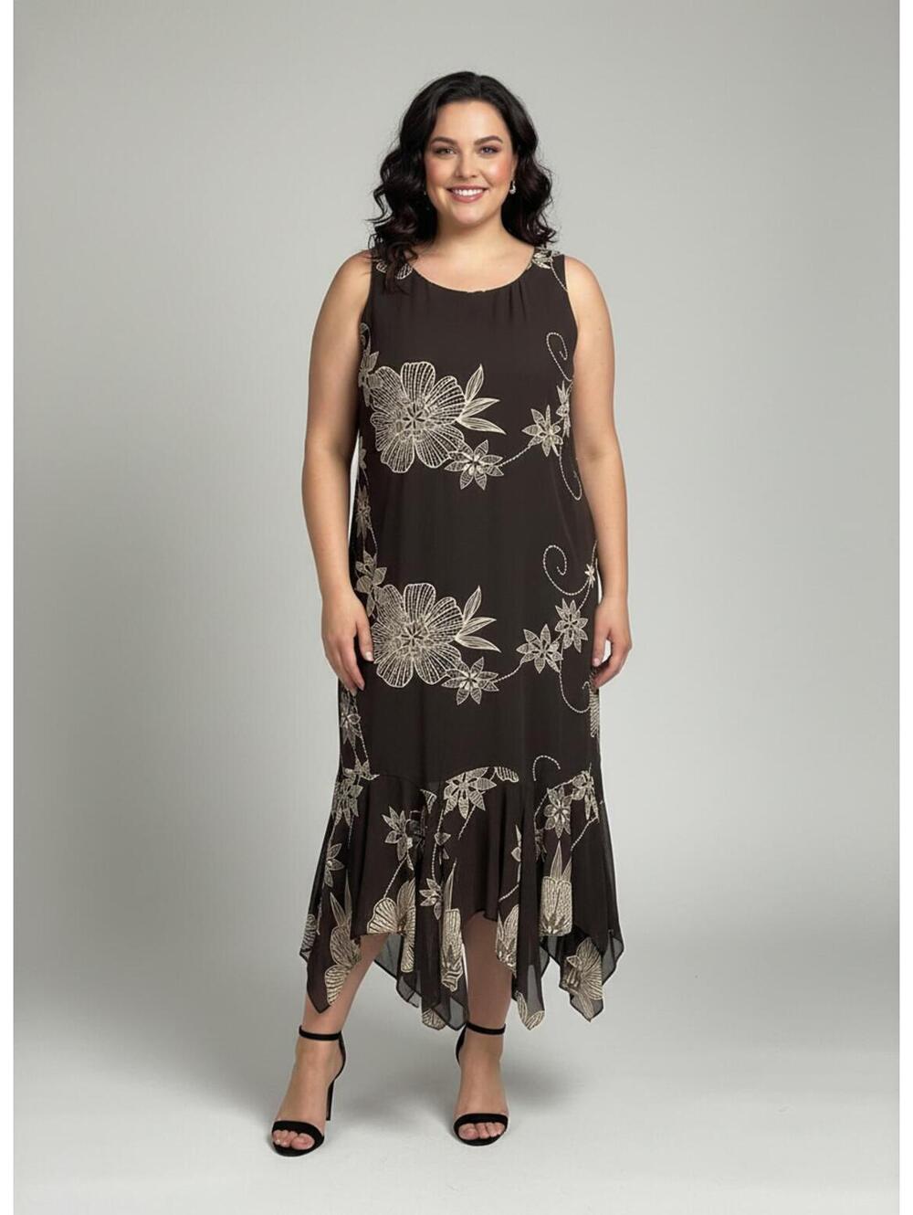 Eva Blue Plus 16W Brown Floral Sheer Overlay Midi Dress